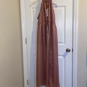 Blush gold shimmer halter tie low plunging maxi dress